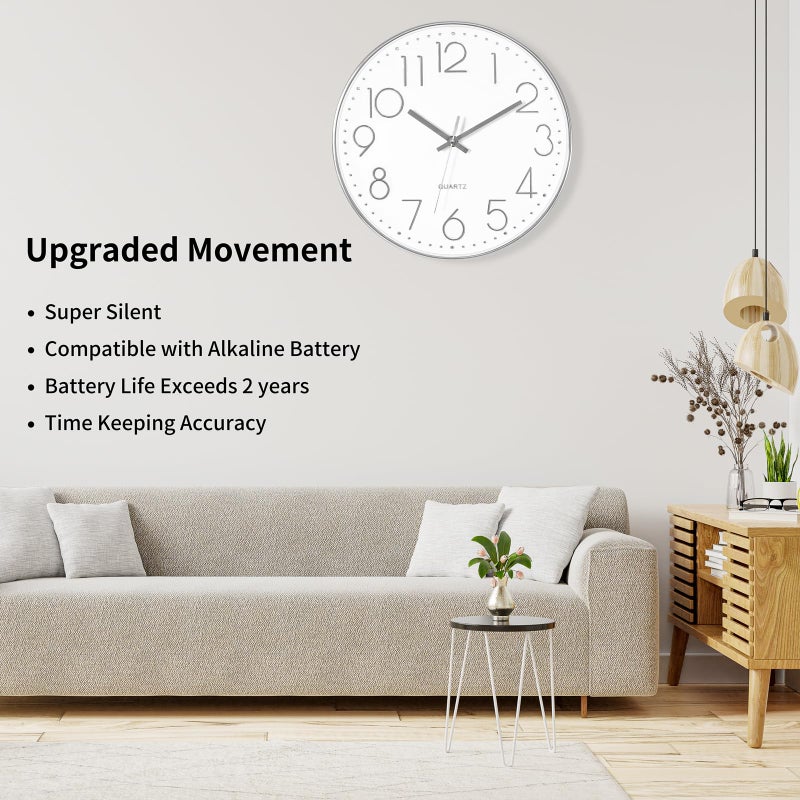 Foxtop Silver Wall Clock Silent Non-Ticking Battery Operated Round Modern Wall Clock for Office School Home Living Room Bedroom Bathroom Kitchen Decor 12 inch - Image 3